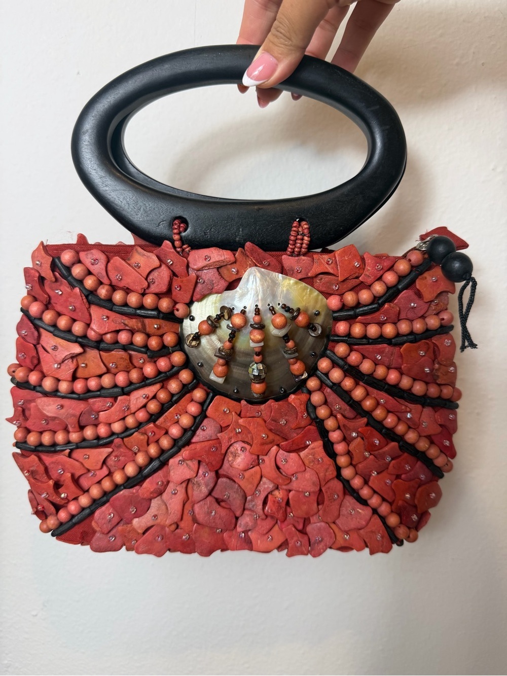Vintage Artisan Coral Shell Wood Beaded Handbag Resort Statement Bag